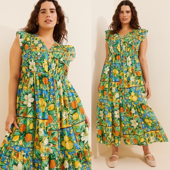 Anthropologie Dresses & Skirts - Anthropologie Peregrine Flutter Sleeve Maxi Dress Citrus Floral Holly Print 2X